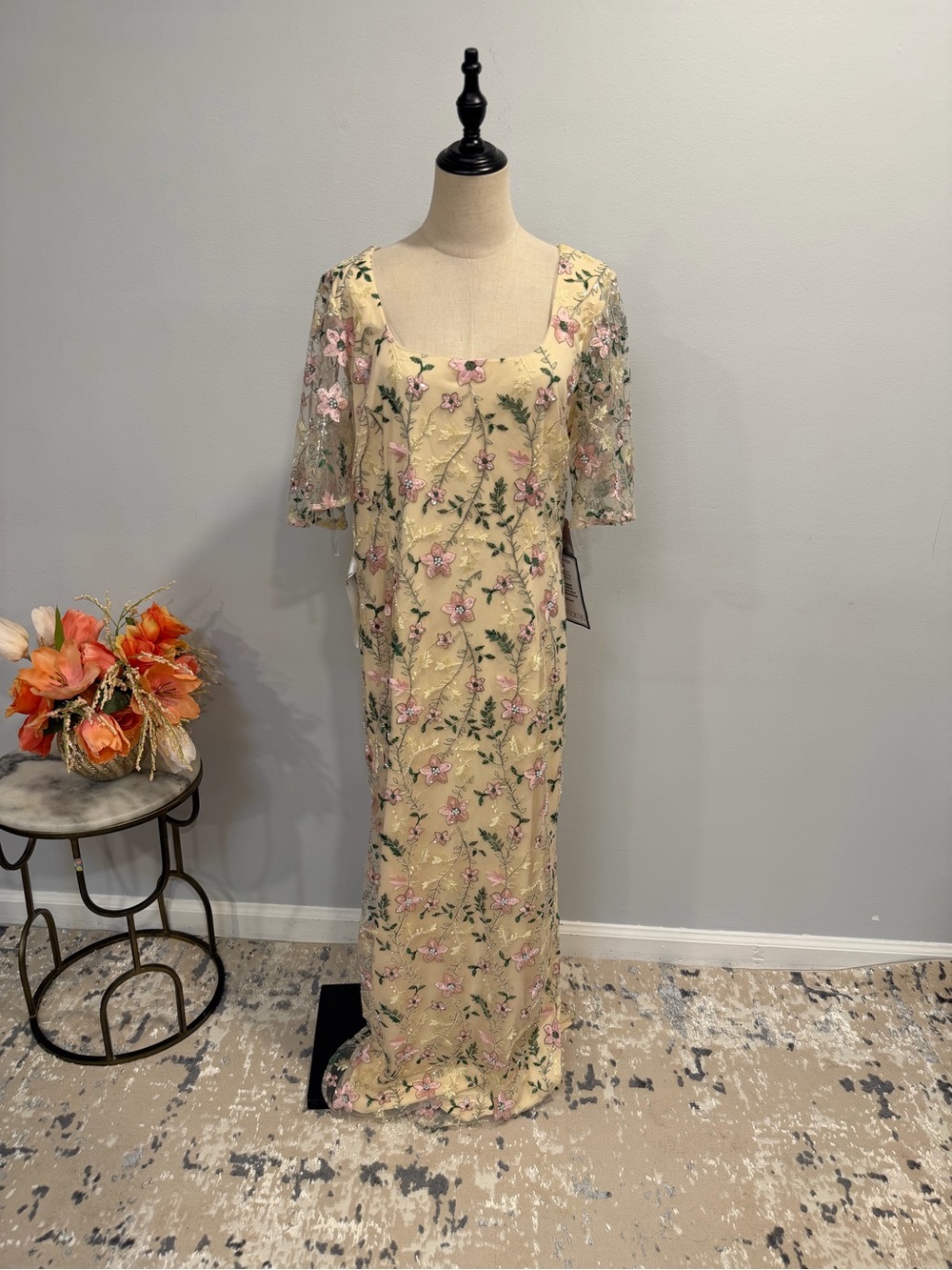 JS Collection Beige Multi Embroidered Floral Square-Neck Formal Maxi Dress